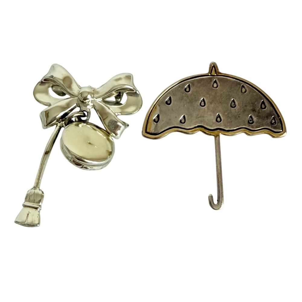 Brooch Set Womens Silver Tone Bow Broom Locket and Umbrella Raindrop